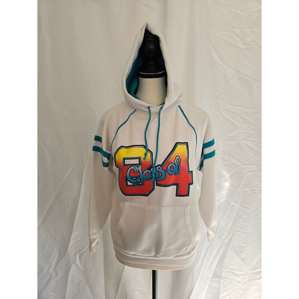 White '84 Class of' Graphic Hoodie with Teal Accents